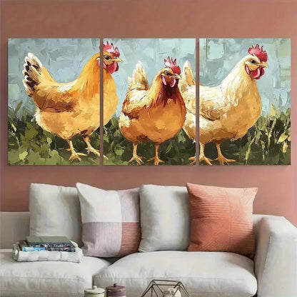 3pcs Chicken Hen Farm Bird Impasto Illustration Wall Art Set Canvas Framed 60x90cm - High Quality Print 100% Australian Made Wall Canvas Ready to Hang