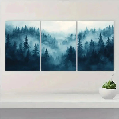 3pcs Featuring Pine Trees and Soft Fog Poster Metal Print Ready to Hang Art
