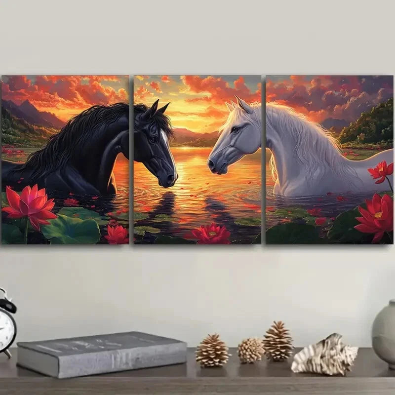 3pcs Wall Art Painting A Black And White Horse Metal Print Ready to Hang Art