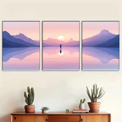 3pcs Mountain Lake And People at Sunset Metal Print Ready to Hang Art