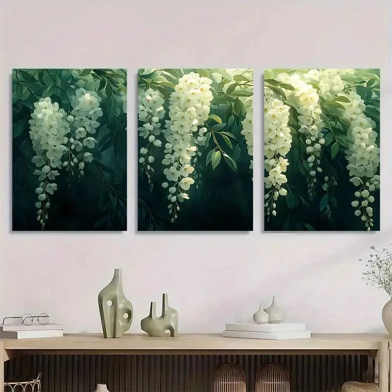 3pcs Elegant Willow Tree & White Flowers Metal Print Ready to Hang Art