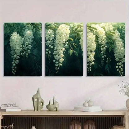 3pcs Elegant Willow Tree & White Flowers Metal Print Ready to Hang Art