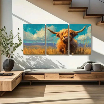 3pcs Highland Cow Art Landscape Painting Metal Print Ready to Hang Art