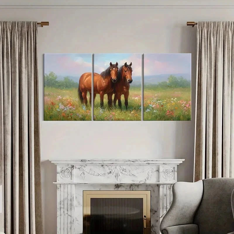 3pcs Artistic Horses in Blossom Field Pastoral Metal Print Ready to Hang Art