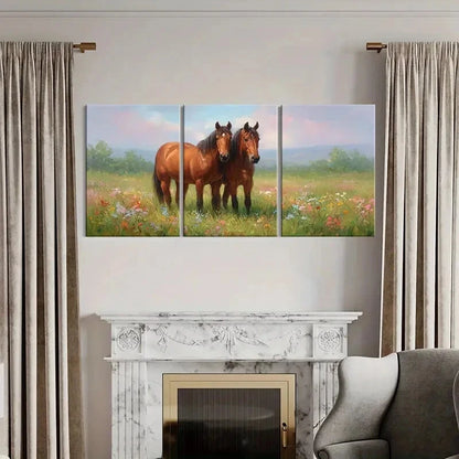 3pcs Artistic Horses in Blossom Field Pastoral Metal Print Ready to Hang Art