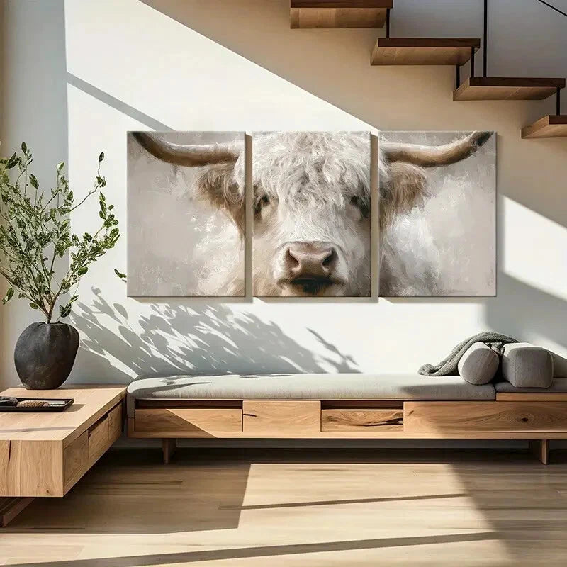 3pcs Artistic White Bull Portrait Abstract Metal Print Ready to Hang Art