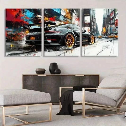 3pcs Sports Car Street Racing Vehicle Perfect Wall Art Set Canvas Framed 40x60cm - High Quality Print 100% Australian Made Wall Canvas Ready to Hang