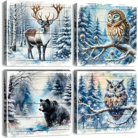 4pcs Forest Bear Pictures White WinterWall Art Canvas Framed