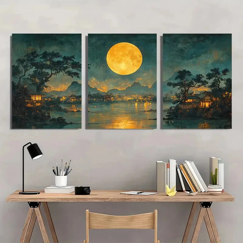 3pcs Japanese Ukiyo-e Vintage Evening Prints Metal Print Ready to Hang Art