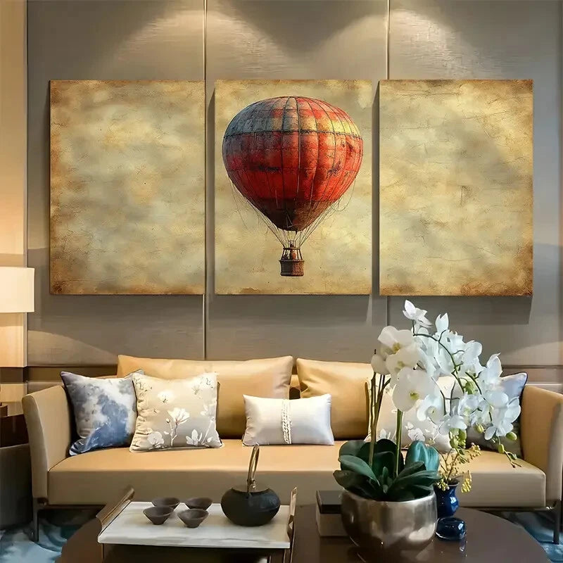 3pcs Antique Hot Air Balloon Design Metal Print Ready to Hang Art