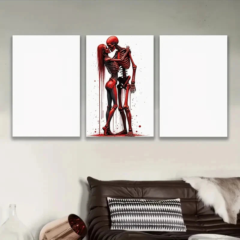3pcs Gothic Skeleton Couple With Red Accents Wall Art Set Canvas Framed 60x90cm - High Quality Print 100% Australian Made Wall Canvas Ready to Hang