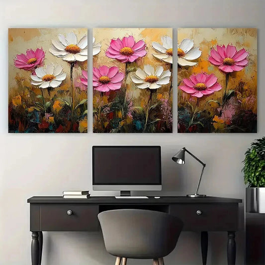 3pcs White Daisies Pink Flowers Textured Floral Metal Print Ready to Hang Art