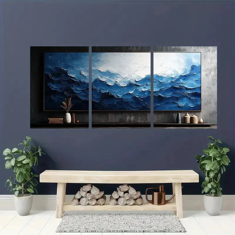 3pcs Dark Blue and White Texture Art Painting Metal Print Ready to Hang Art