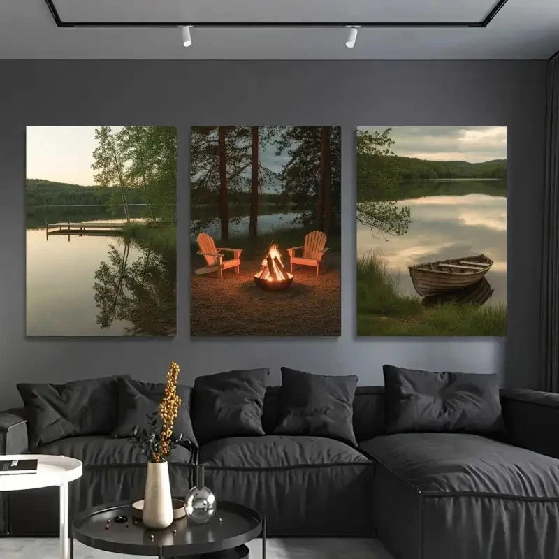 3pcs Serene Lake Campfire & Pine Trees Scenery Metal Print Ready to Hang Art