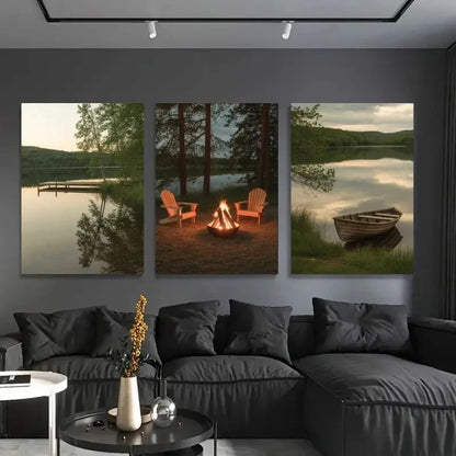 3pcs Serene Lake Campfire & Pine Trees Scenery Metal Print Ready to Hang Art