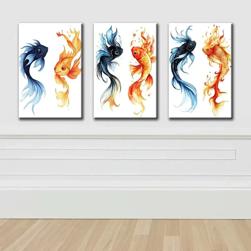 3pcs Red Fish And Blue Fish Wall Art Set Canvas Framed 50x70cm - High Quality Print 100% Australian Made Wall Canvas Ready to Hang