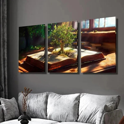 3pcs Knowledge Tree Growing Out of a Book Wall Art Set Canvas Framed 40x60cm - High Quality Print 100% Australian Made Wall Canvas Ready to Hang