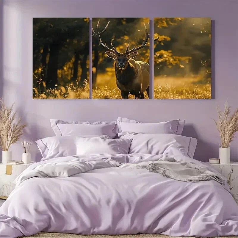 3pcs Majestic Elk in Sunlit Forest Wall Art Metal Print Ready to Hang Art