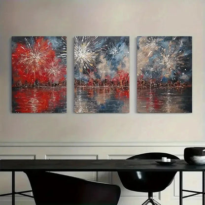 3pcs Fireworks Over The City Reflecting Shimmering Metal Print Ready to Hang Art