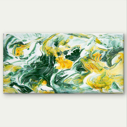 Abstract Green and Yellow Fluid Paint Wall Art Canvas Office Home Framed 120x60cm