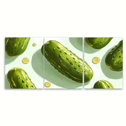 3pcs Vibrant Green Pickles with Golden Highlights Metal Print Ready to Hang Art