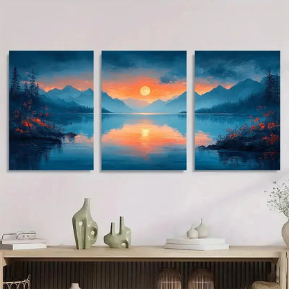 3pcs Vibrant Blue & Orange Nature Scenery Metal Print Ready to Hang Art