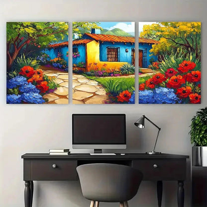3pcs Vibrant Mexico House with Florals Metal Print Ready to Hang Art