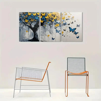 3pcs Abstract Butterfly Tree Blue & Golden Metal Print Ready to Hang Art