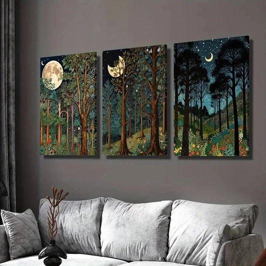 3pcs Classic Moonlit Forest Landscape Wall Art Set Canvas Framed 40x60cm - High Quality Print 100% Australian Made Wall Canvas Ready to Hang