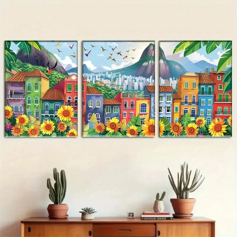 3pcs Vibrant Townscape and Sunflower Mountain Metal Print Ready to Hang Art