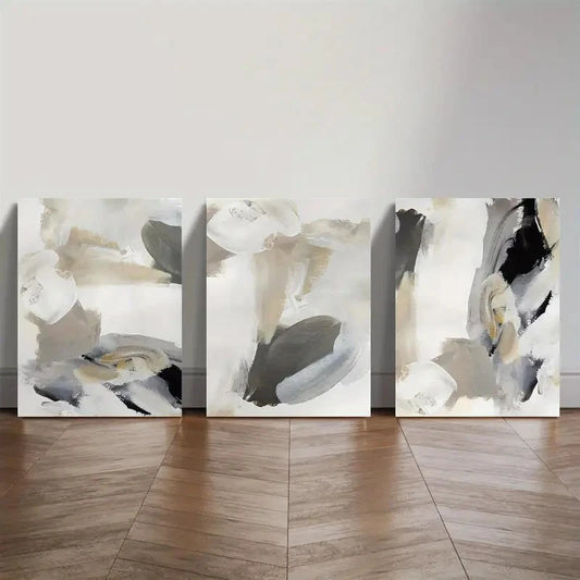 3pcs Neutral Beige & Black Abstract Design Metal Print Ready to Hang Art