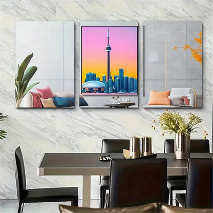 3pcs Vibrant Sunset & Cityscape Skyline Metal Print Ready to Hang Art