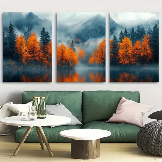 3pcs Mountain with Forest and Lake Reflection Metal Print Ready to Hang Art