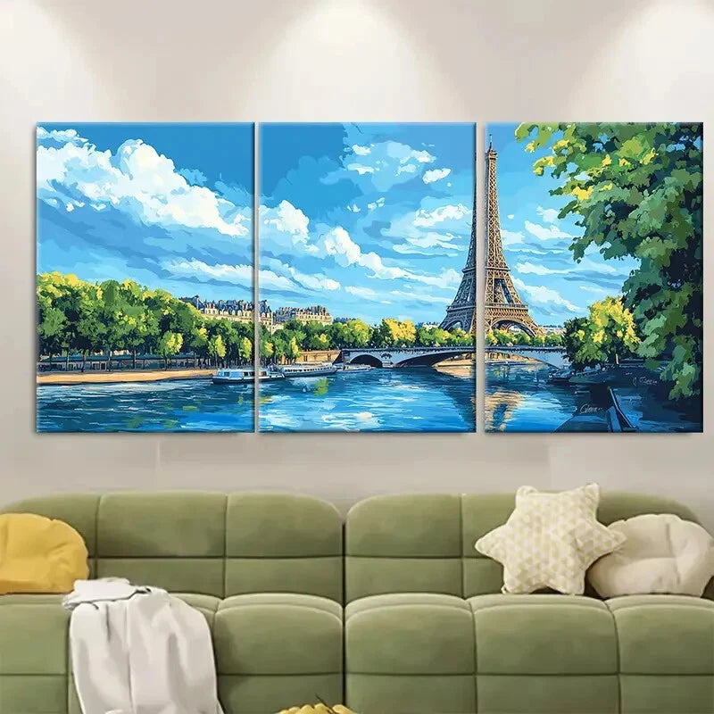 3pcs French Landmark Illustration Blue Sky & River Metal Print Ready to Hang Art