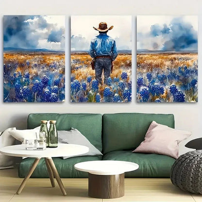 3pcs Cowboy In The Bluebonnet Field Floral Metal Print Ready to Hang Art
