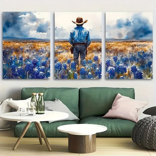 3pcs Cowboy In The Bluebonnet Field Floral Metal Print Ready to Hang Art