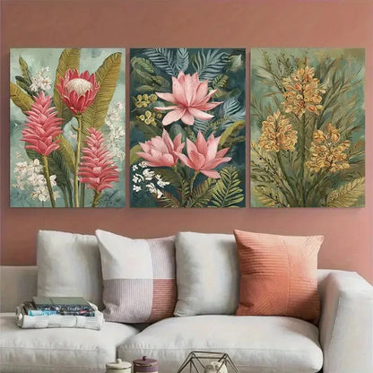3pcs Vintage Indonesian Floral Illustration Wall Art Set Canvas Framed 50x70cm - High Quality Print 100% Australian Made Wall Canvas Ready to Hang