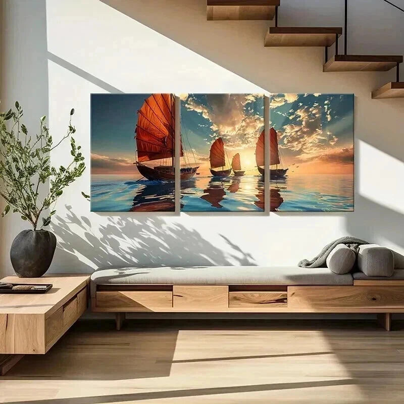 3pcs Sailing Ships Sunset Sky Calm Ocean Metal Print Ready to Hang Art