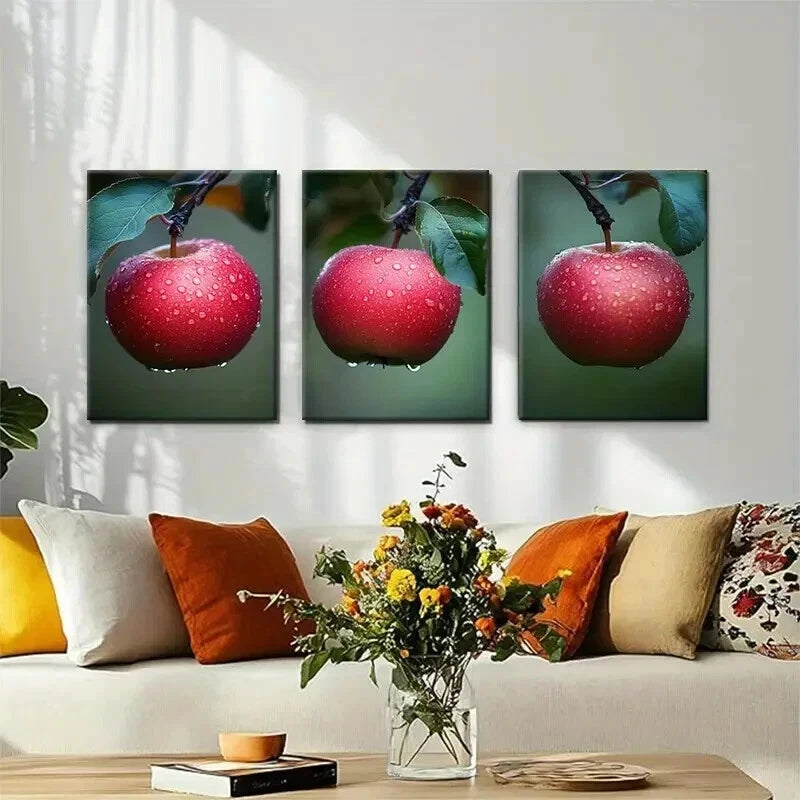 3pcs Fresh Red Apple Nature Fruit Modern Perfect Wall Art Set Canvas Framed 40x60cm - High Quality Print 100% Australian Made Wall Canvas Ready to Hang