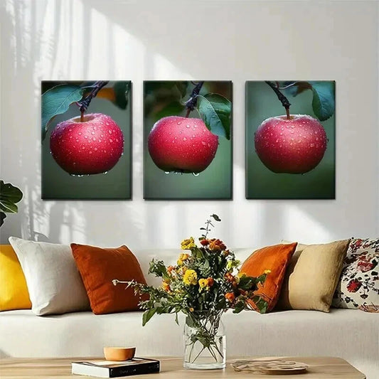 3pcs Fresh Red Apple Nature Fruit Modern Perfect Wall Art Set Canvas Framed 40x60cm - High Quality Print 100% Australian Made Wall Canvas Ready to Hang
