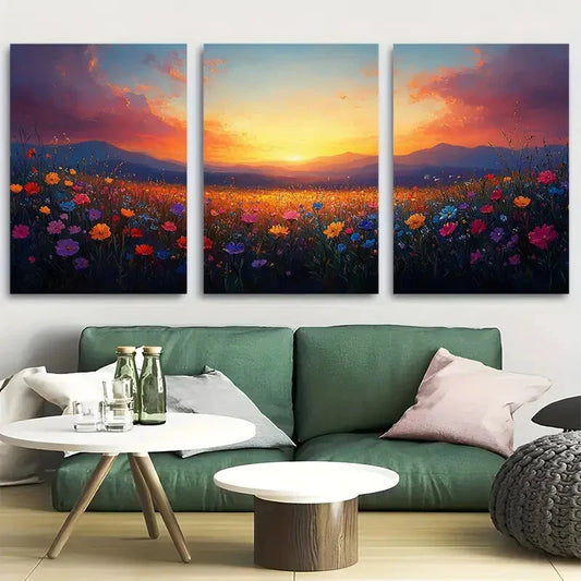 3pcs Impressionist Sunset Wildflower Meadow Metal Print Ready to Hang Art