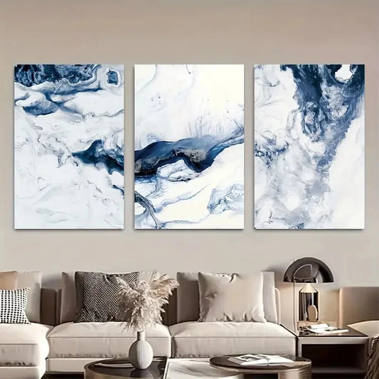 3pcs Vibrant Ocean Navy Blue & White Abstract Metal Print Ready to Hang Art