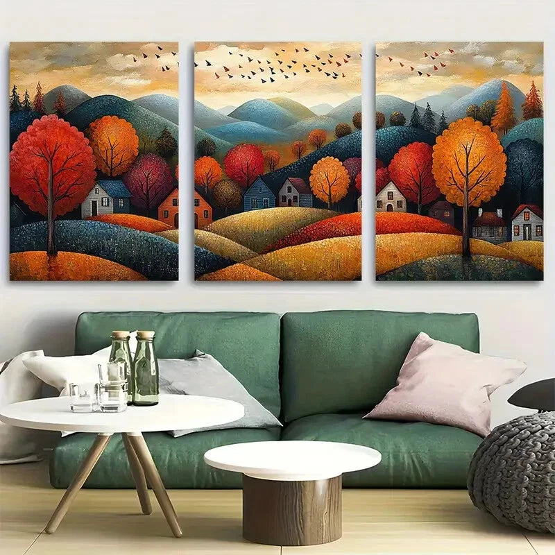 3pcs Rolling Hills Surrounded By Autumn Trees Metal Print Ready to Hang Art