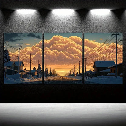3pcs Scenic Village Winter Sunset Landscape Metal Print Ready to Hang Art