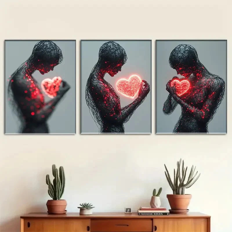 3pcs Wireframe Figure with Glowing Red Heart Metal Print Ready to Hang Art