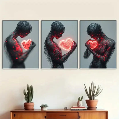 3pcs Wireframe Figure with Glowing Red Heart Metal Print Ready to Hang Art
