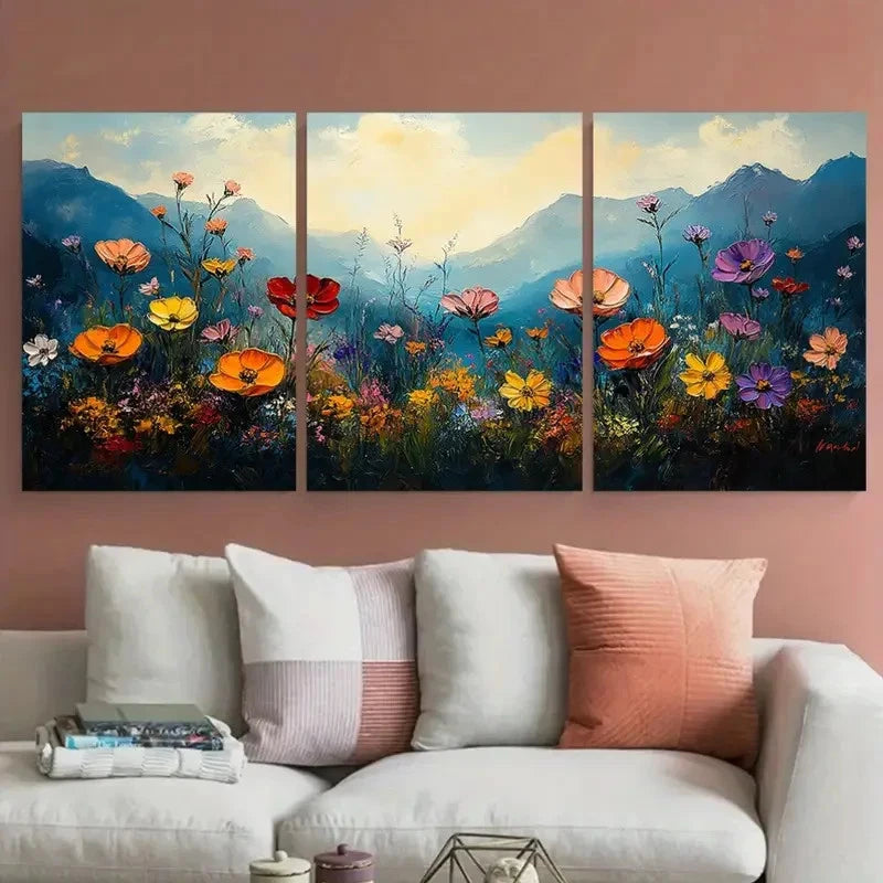 3pcs Mountain Wildflower Colorful Nature Scene Metal Print Ready to Hang Art