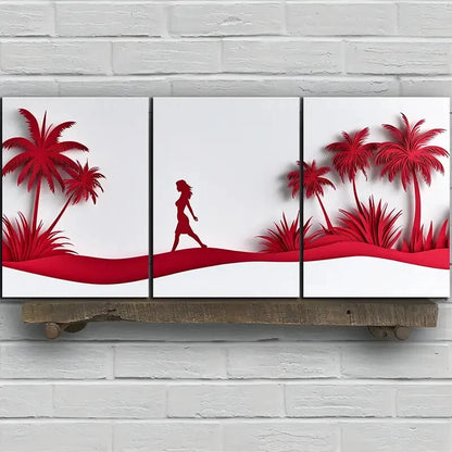 3pcs Red Coconut Trees And Women White Beach Metal Print Ready to Hang Art