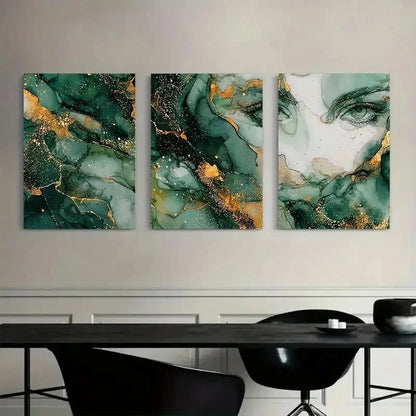 3pcs Dark Green And White Marble Style Painting Metal Print Ready to Hang Art