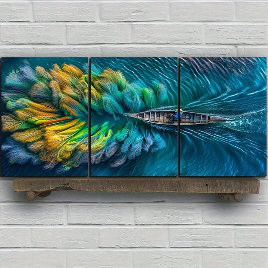 3pcs Leaves and Boats Colourful Ocean Metal Print Ready to Hang Art